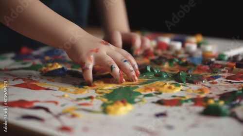フィンガーペイント。家で指で絵を描くかわいい男の子。カラフルな絵の具で塗られた子供の手の接写。早期教育のコンセプト。感覚遊び。細かい運動能力の発達GenerativeAI