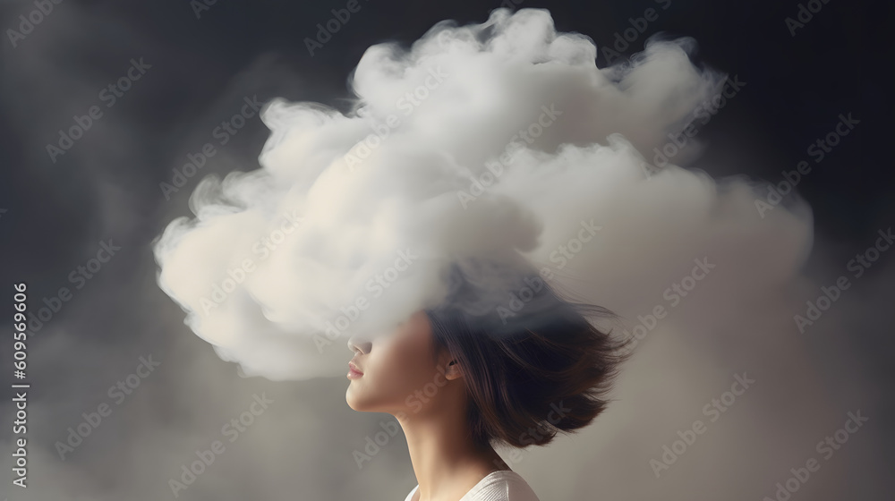 Young woman with her head in cloud. Depression, loneliness and mental health concept. Psychology theme, dreaming, having racing thoughts in mind. Concept of memory loss, dementia. Young woman with her head in cloud. Depression, loneliness and mental health concept. Psychology theme, dreaming, having racing thoughts in mind. Concept of memory loss, dementia.