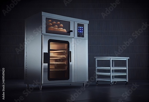 Bakery oven on a dark gray background. Generative AI.
