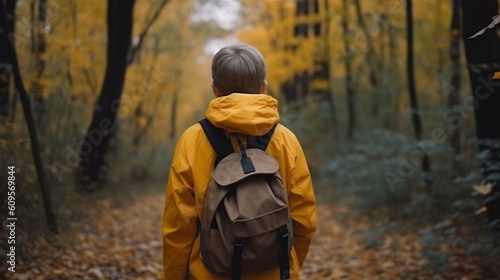 秋の公園の小道を歩くバックパックを持つティーンエイジャーの少年の後姿。アクティブなライフスタイル、学校に戻る。秋の森の学生の少年。後ろからの人々GenerativeAI © enopi