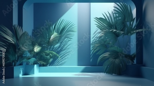 製品プレゼンテーション用の抽象的な青い色のグラデーションスタジオの背景。窓と花とヤシの葉の影のある空の部屋。コピー スペースのある 3 d ルーム。サマーコンサート。ぼやけた背景GenerativeAI © enopi