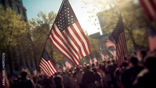 Flags wave, crowd of people in streets, celebrating 4th of July. Generative AI © REC Stock Footage