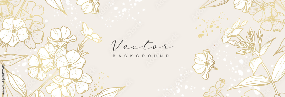 Luxury floral wallpaper with gold line art. Beautiful background with elegant flowers. Vector design for wedding card, home decor, print, cover, banner, advertisement, invitation