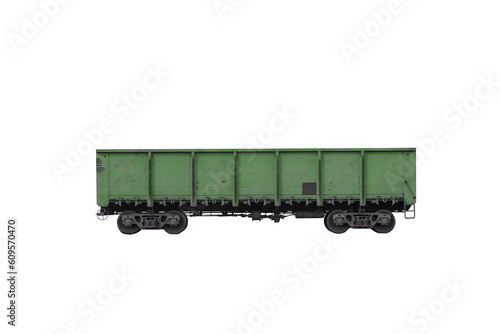 Green metallic goods wagon or freight wagon isolated on transparent background. Unpowered railway vehicles that are used for the transportation of cargo.