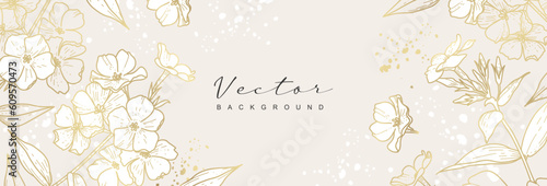 Luxury floral wallpaper with gold line art. Beautiful background with elegant flowers. Vector design for wedding card, home decor, print, cover, banner, advertisement, invitation