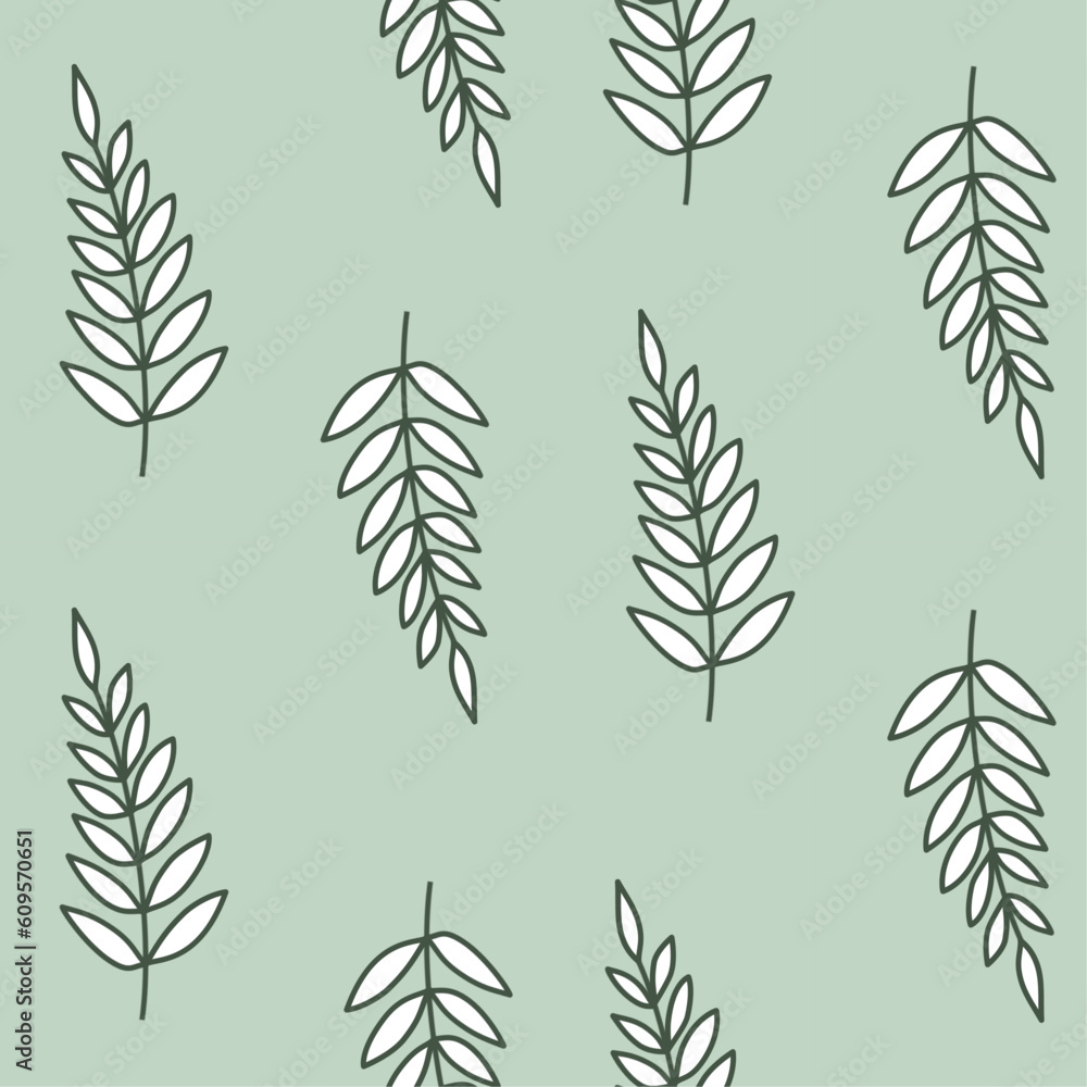 Seamless pattern with contour white branch
 with leaves on a light green background, freehand vector abstract illustration.