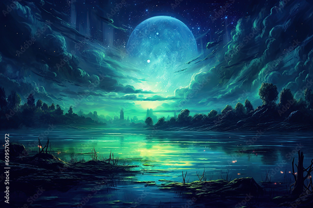 Φωτογραφία beautiful painting of a fantasy lake with moon and stars, Generative AI