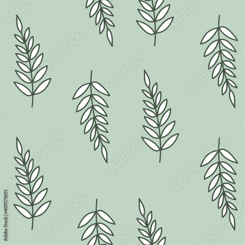 Seamless pattern with contour white branch  with leaves on a light green background  freehand vector abstract illustration.