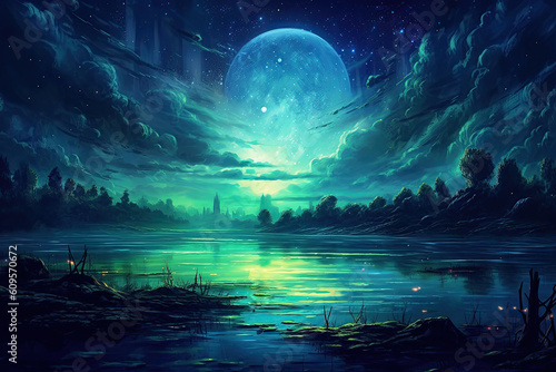 beautiful painting of a fantasy lake with moon and stars, Generative AI