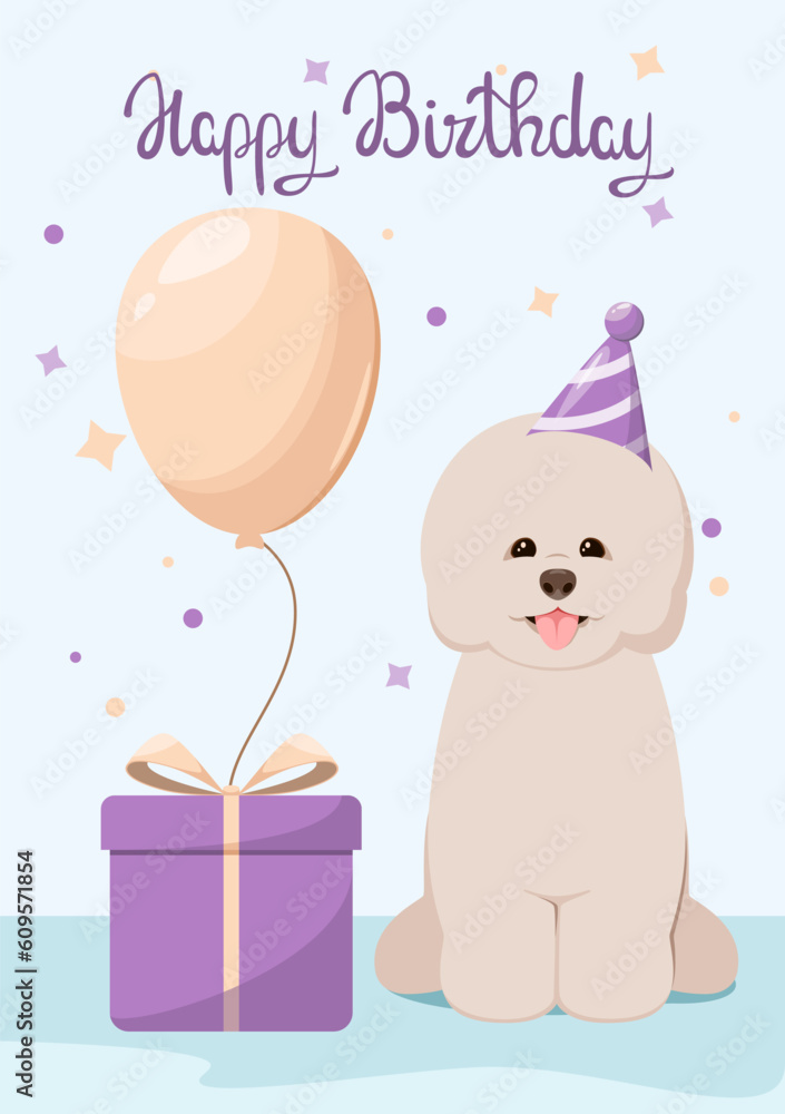 Happy birthday greeting card. Bichon frise with a gift and a balloon.
