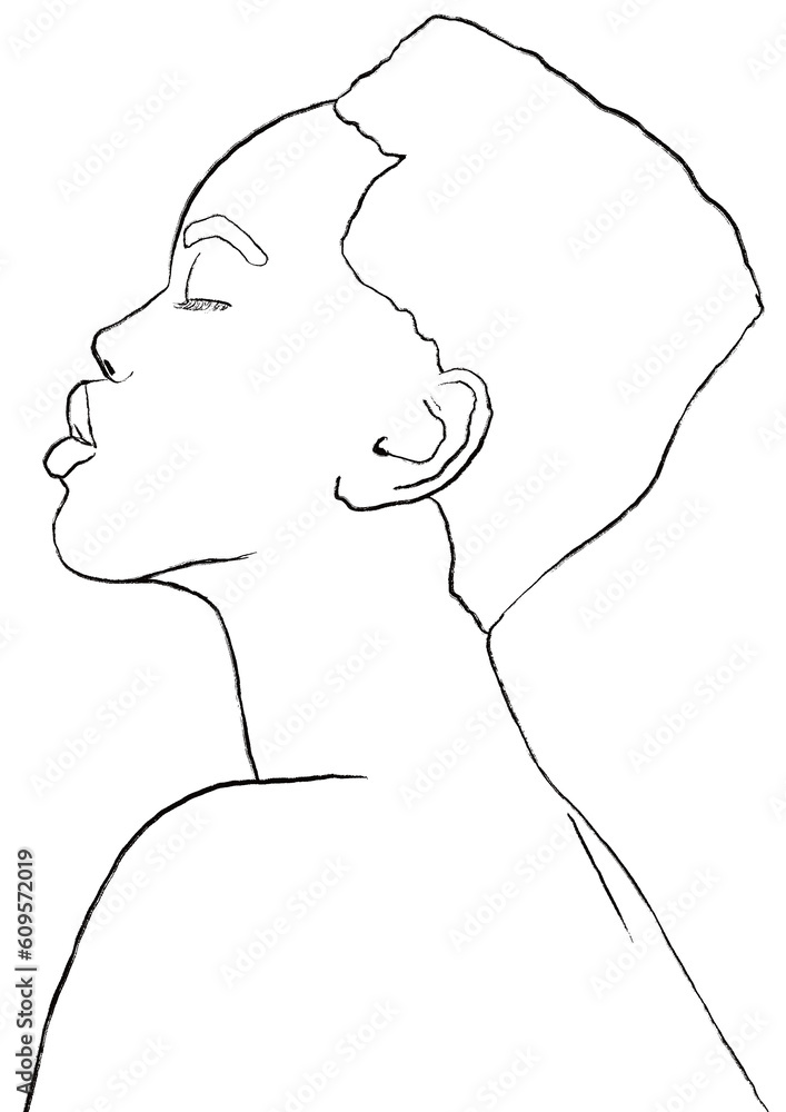 Esquisse d’un visage de jeune femme afro-américaine. Elle est de profil et à les cheveux court. Réaliste, minimaliste et monochrome 