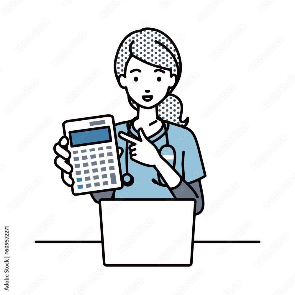 座ってデスクでノートPCを開いて電卓を指差してこちらに向けて見せている看護師の女性