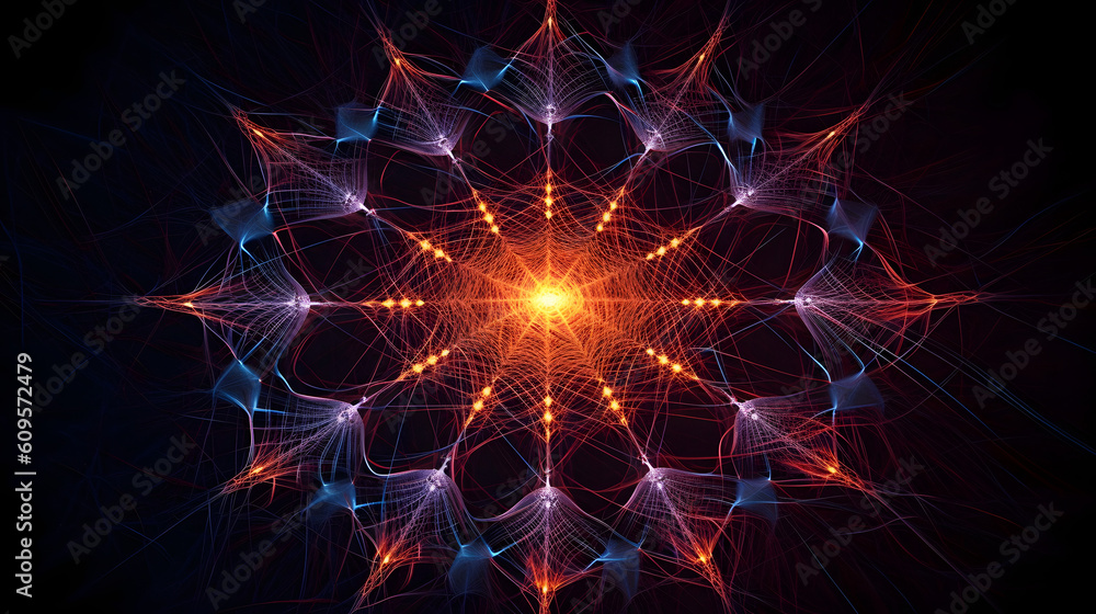 A web of interconnected, glowing threads forming an intricate geometric pattern created with Generative AI technology A web of interconnected, glowing threads forming an intricate geometric pattern created with Generative AI technology