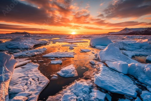 impact of climate change as the setting sun illuminates the melting ice, underscoring the vulnerability of polar regions and the urgency to protect delicate climate balance. Generative AI