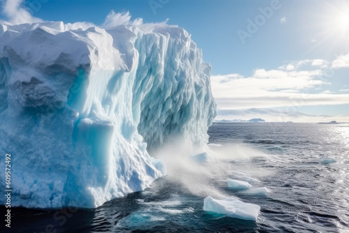 Effects of climate change as sections of an iceberg crumble into the vast ocean, highlighting the urgency to address environmental challenges. Generated by AI. © Microgen