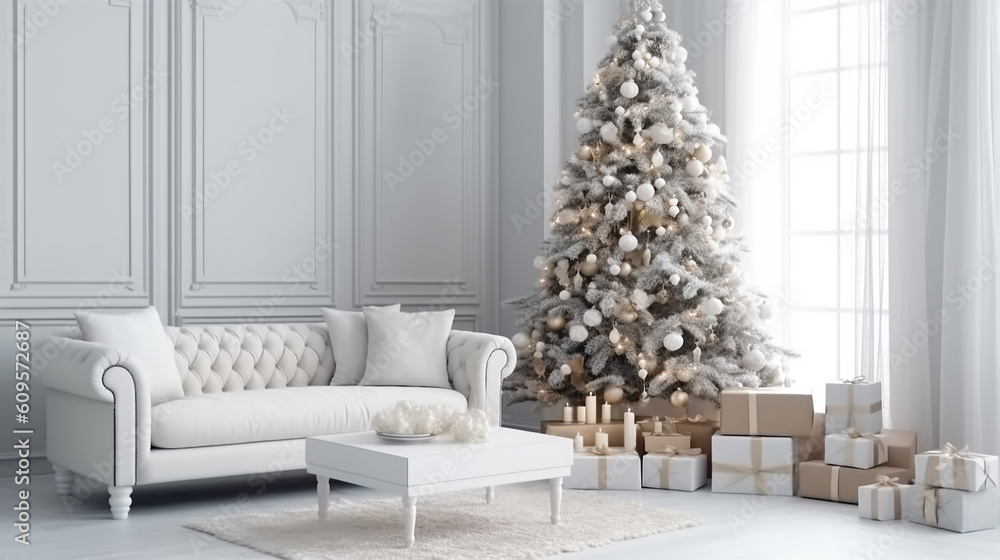 Living Room Christmas interior in Scandinavian style. Christmas tree with gift boxes. white sofa and wall Mockup. Generative AI