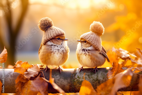 Two small cute birds sparrows in knitted hats on tree branch on blurred autumn background. Hello autumn. Autumn character. Funny forest illustration. Generative ai © KRISTINA KUPTSEVICH