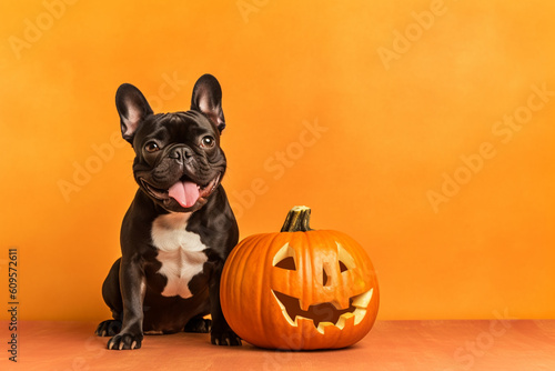 French bulldog sitting with a Jack o lantern pumpkin on an orange background for Halloween created with AI generative tools