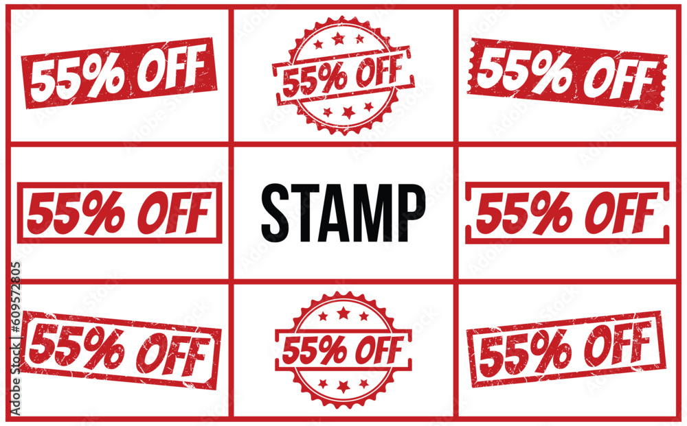 55% Off rubber Red Rubber Stamp set vector design. 55% Off rubber Red Rubber Stamp set vector design.