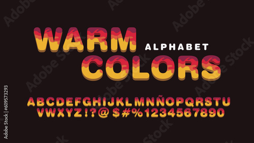 warm colors alphabet, colorful carved paper cut elements shapes, font
