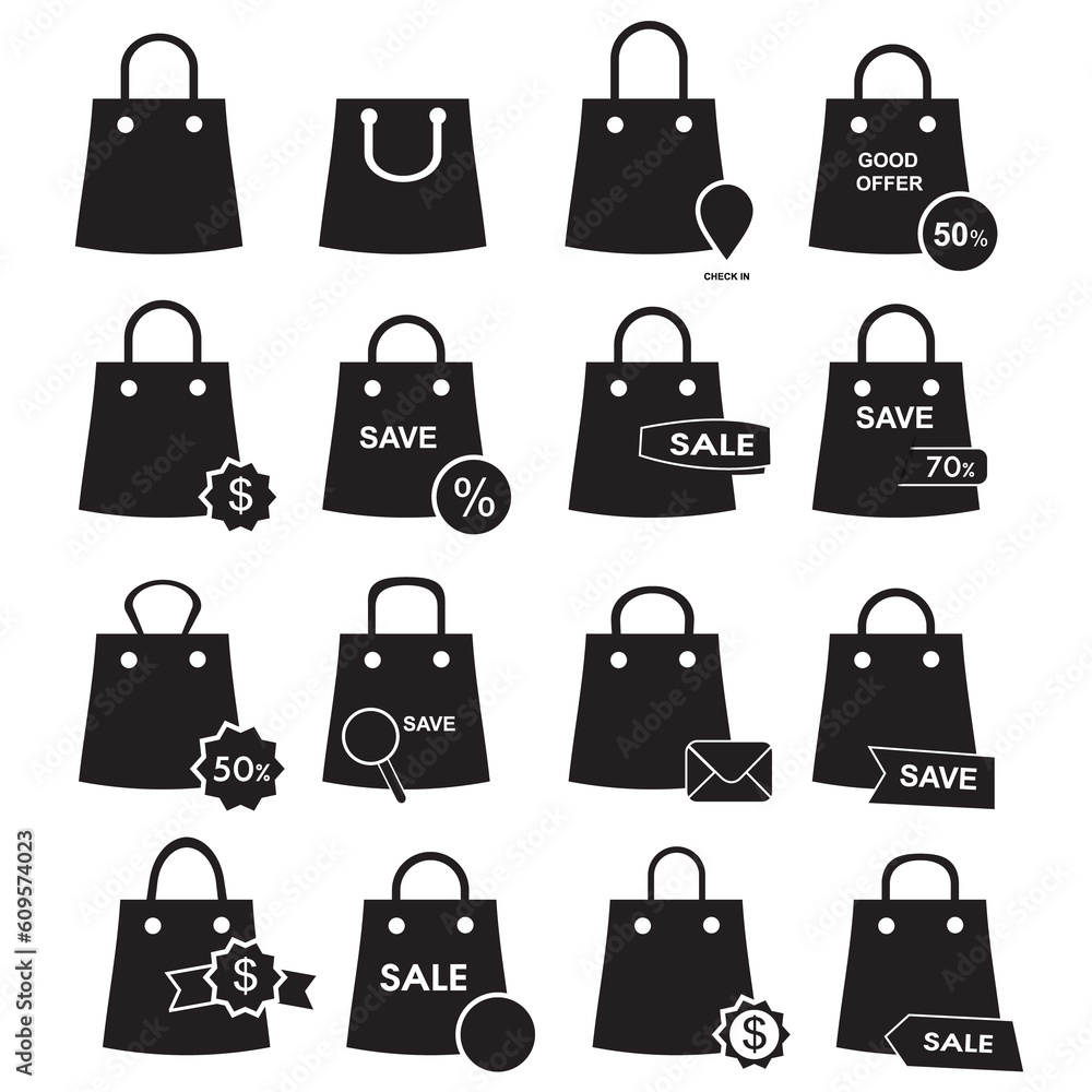 Set of shopping bag icons with decorative items Set of shopping bag icons with decorative items