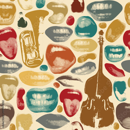 Seamless pattern with colored lips that smile and show tongue and white teeth and double bass with trumpet. Bright vector background with laughing, surprised, excited, angry, singing