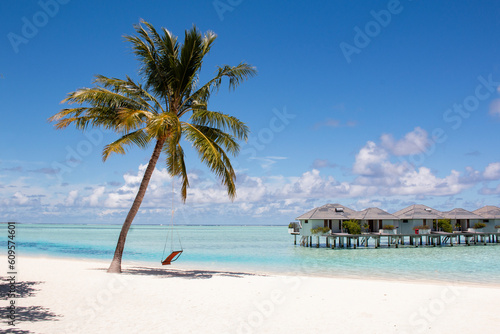 Desktop Wallpaper. White beach, palm tree and water villas in Maldives.