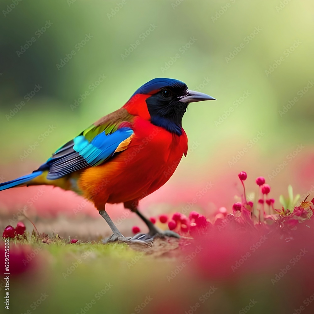 Colorful bird standing on the flowers garden, Generative AI Colorful bird standing on the flowers garden, Generative AI