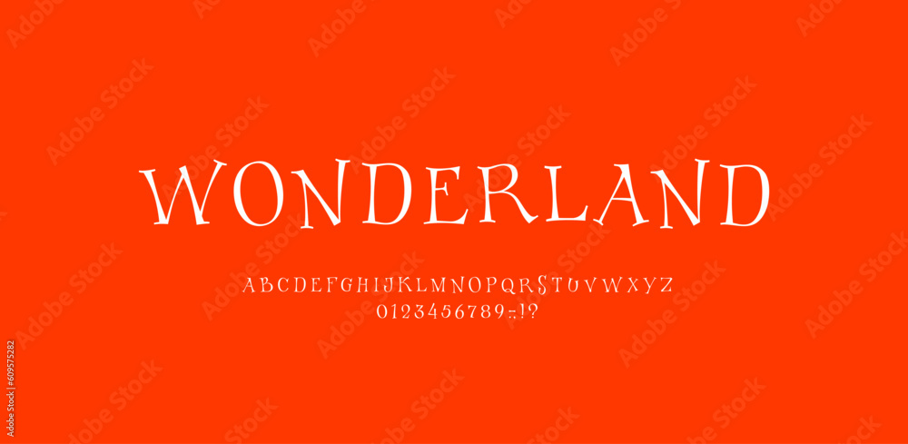 Fairy taly alphabet, fantasy font made wonderland style, magical white uppercase Latin letters and Arab numerals, vector illustration 10EPS