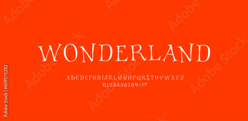 Fairy taly alphabet, fantasy font made wonderland style, magical white uppercase Latin letters and Arab numerals, vector illustration 10EPS