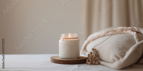 AI Generated. AI Generative. Cozy romantic love valentine xms christmas candle jar flame. Home decoration vibe. Graphic Art photo