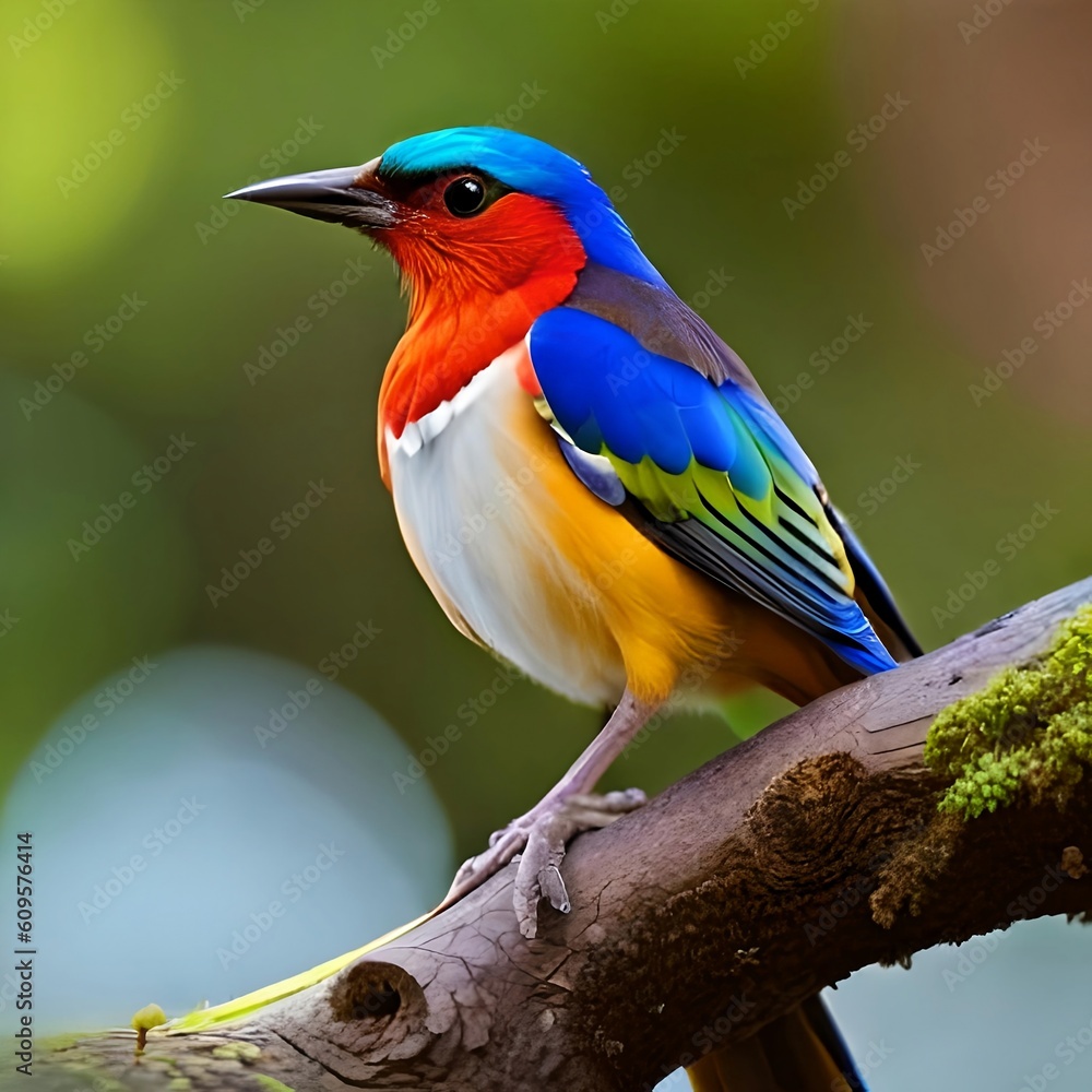 Colorful bird on a branch, Generative AI