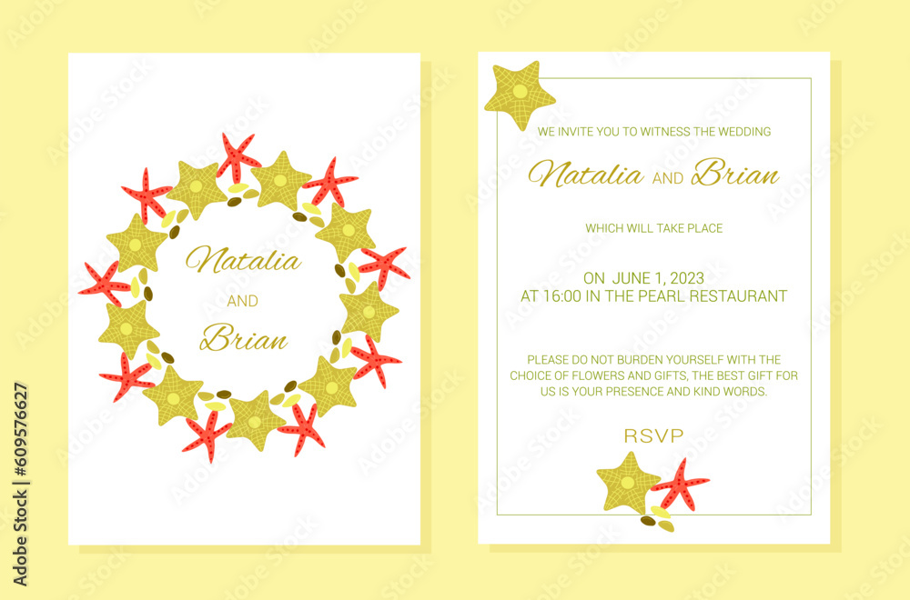 Wedding invitation Summer sea theme plants layout. Starfish, pebbles. A frame of marine elements with text. Vector illustration.