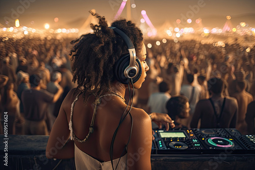 African female dj in a music festival. AI generative