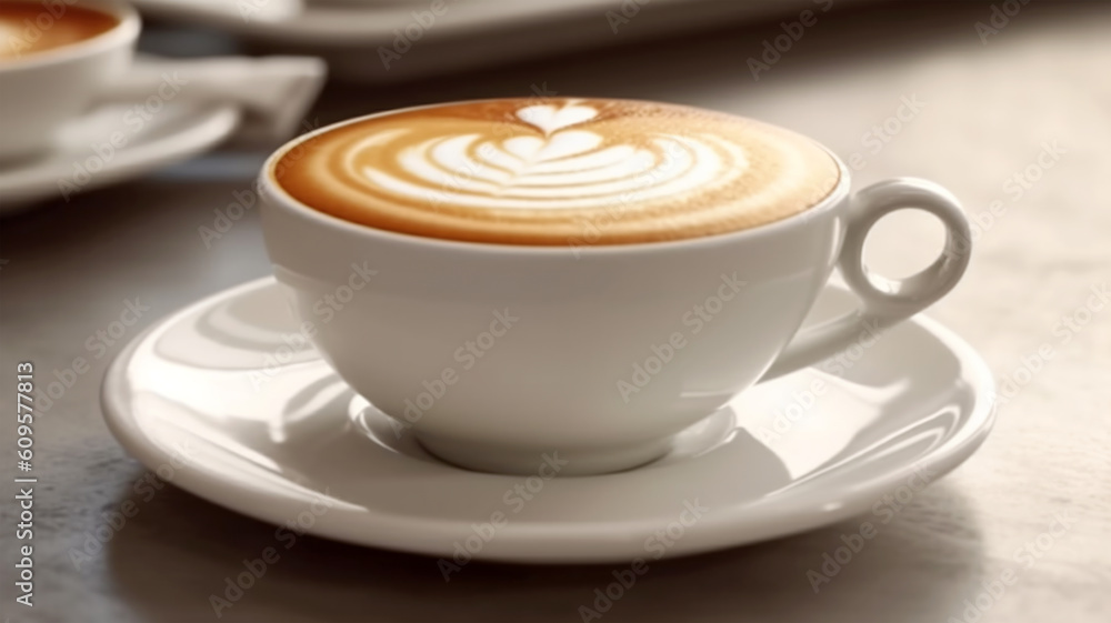 Hot cappuccino coffee in a cup in a cafe, business meeting concept Hot cappuccino coffee in a cup in a cafe, business meeting concept