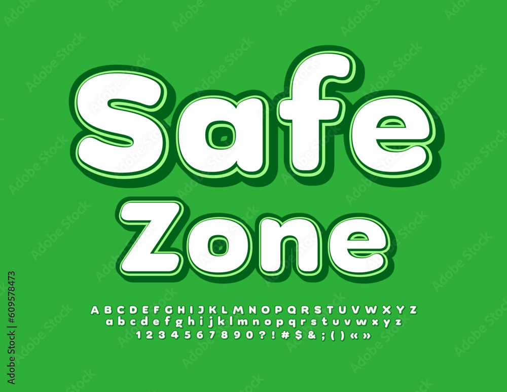 Vector concept sign Safe Zone with modern Font. White and Green Alphabet Letters, Numbers and Symbols set Vector concept sign Safe Zone with modern Font. White and Green Alphabet Letters, Numbers and Symbols set