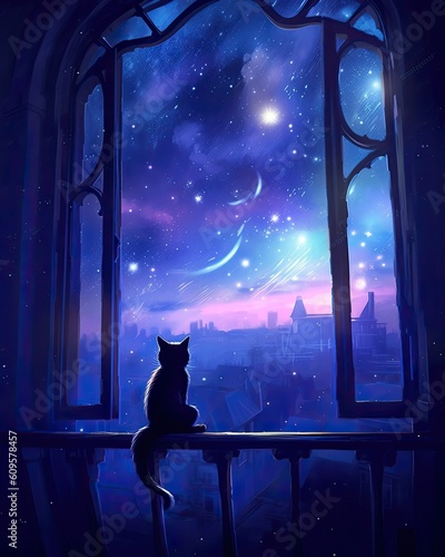 windowsill, gazing at the moon. deep blues and purples for the sky and add delicate stars to create a dreamy atmosphere
