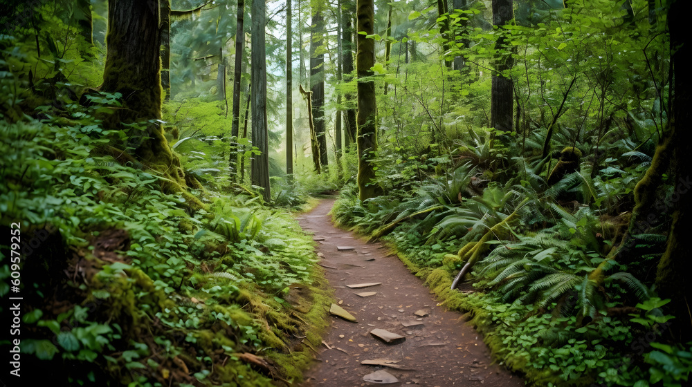 A scenic hiking trail winding through a dense forest of tall, green trees created with Generative AI technology A scenic hiking trail winding through a dense forest of tall, green trees created with Generative AI technology