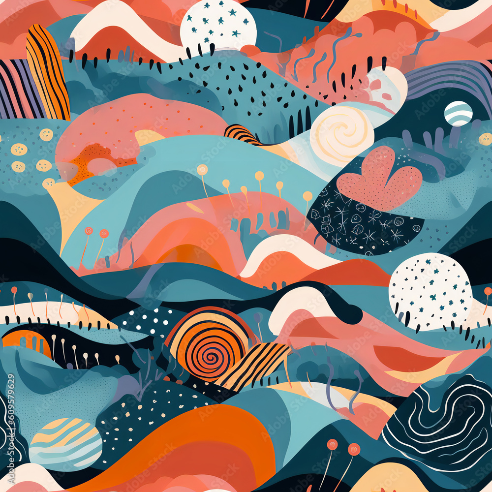 Abstract landscapes, combining organic shapes and vibrant colors
