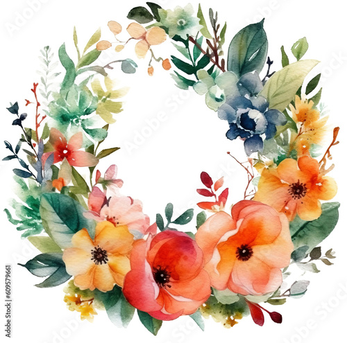 Colorful watercolor style round wreath, PNG background