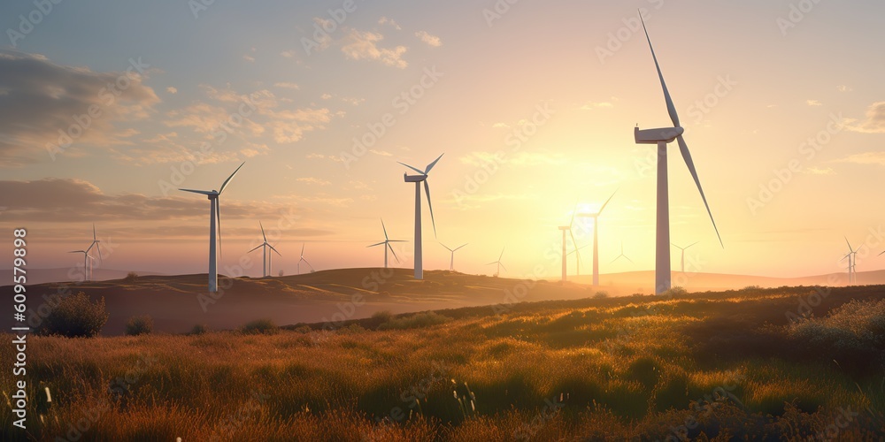 Obraz premium AI Generated. AI Generative. Windmill wind power electricity farm field. Ecology innovation technology vibe. Graphic Art