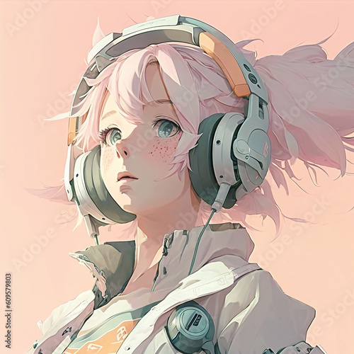 A girl with headset in anime style illustration, Generative AI photo