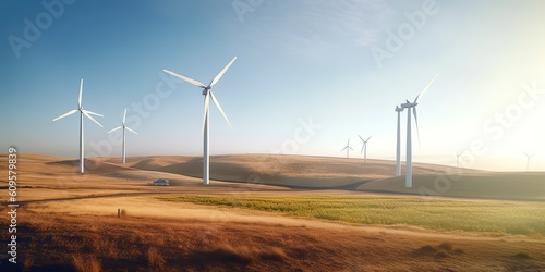 AI Generated. AI Generative. Windmill wind power electricity farm field. Ecology innovation technology vibe. Graphic Art