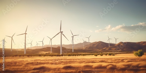 AI Generated. AI Generative. Windmill wind power electricity farm field. Ecology innovation technology vibe. Graphic Art
