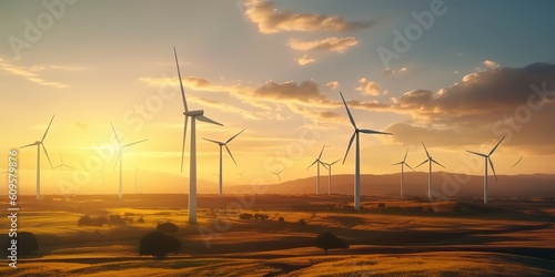 AI Generated. AI Generative. Windmill wind power electricity farm field. Ecology innovation technology vibe. Graphic Art