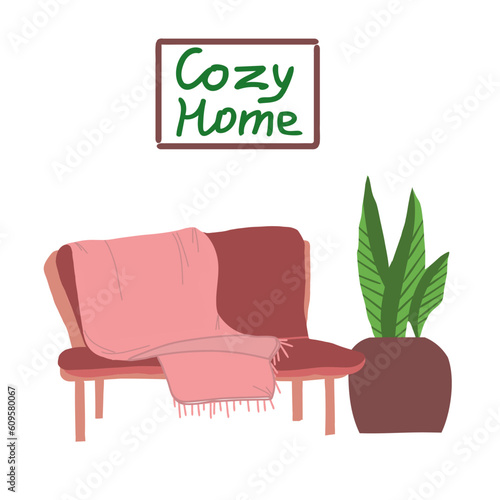 Cozy sofa with a blanket and potted plant. Vector illustration.