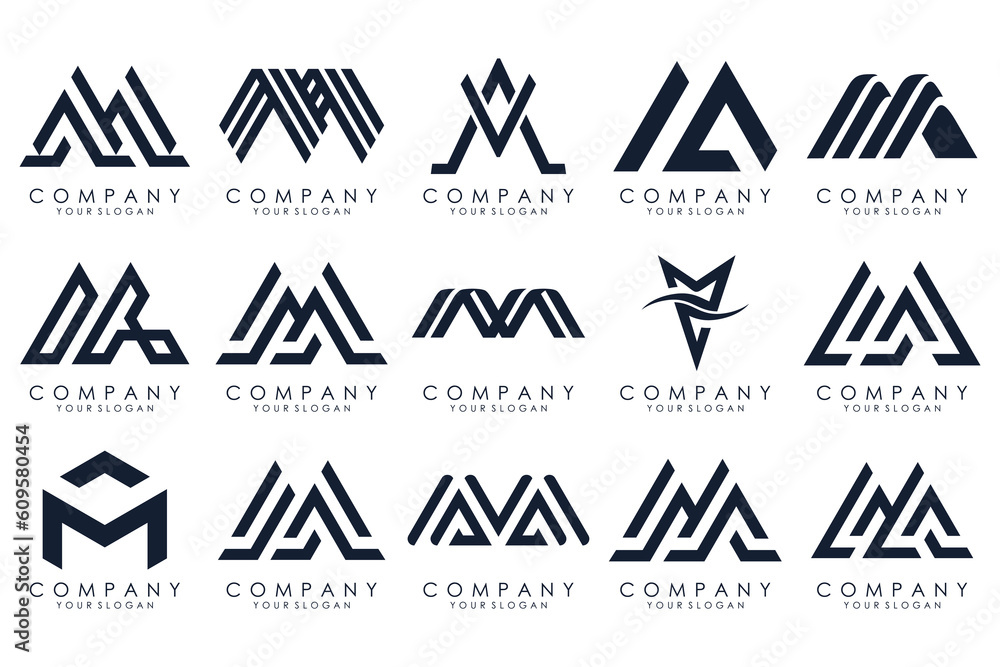 Set of letter M logo design vector. Collection of modern M letter design in black color. Set of letter M logo design vector. Collection of modern M letter design in black color.