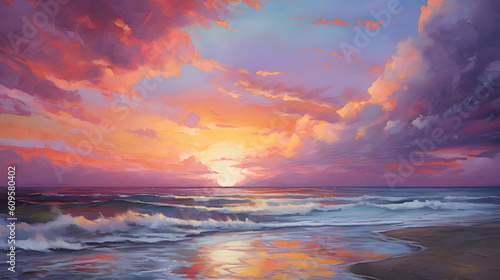 A vibrant beach sunset with shades of orange, pink, and purple painting the sky created with Generative AI technology © Andrejs