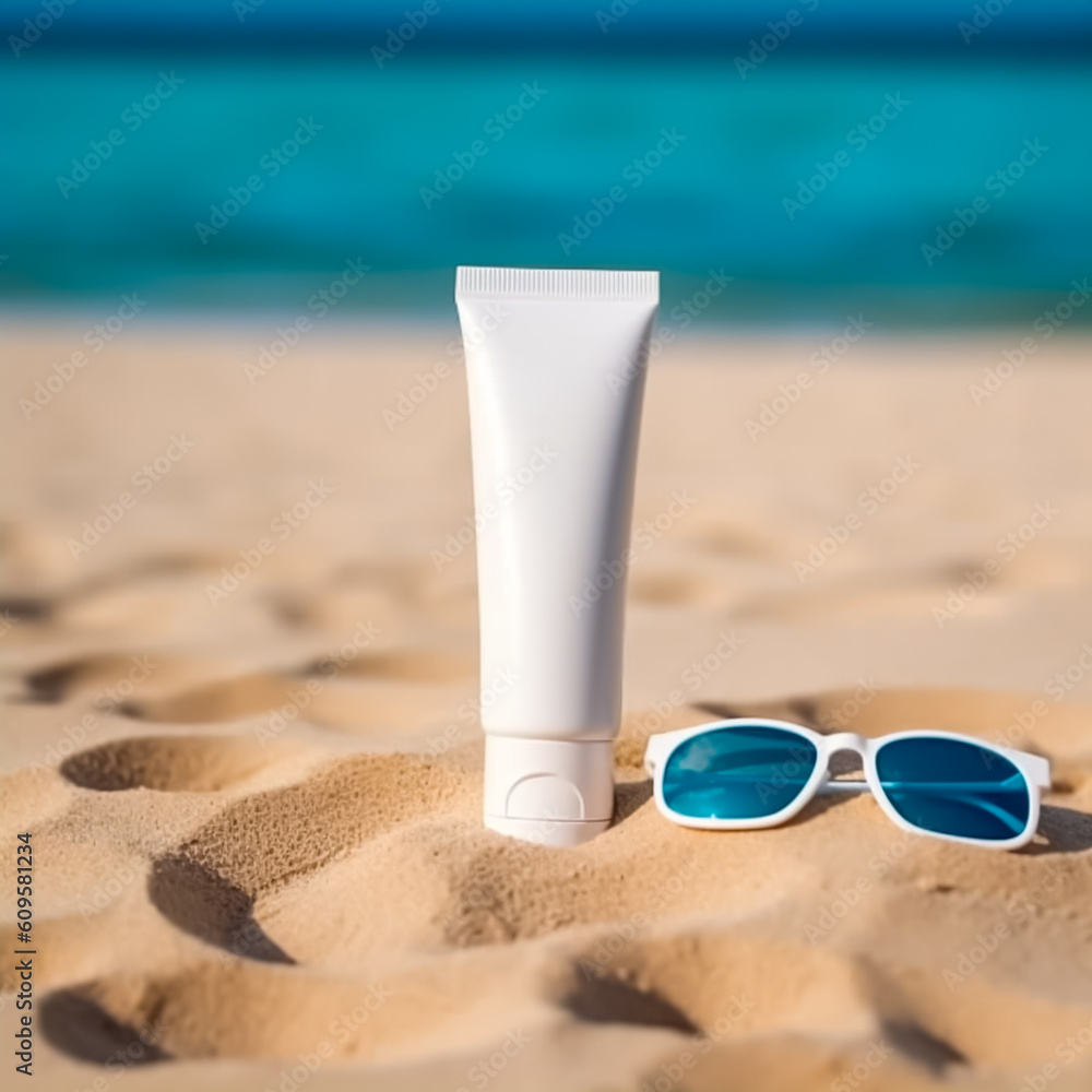 Blank white sunscreen bottle of tube, with no writing or logo, sat in the sand on a sunny tropical summer beach. Concept of sun and UV protection. Shallow field of view. Illustrative Generative AI.