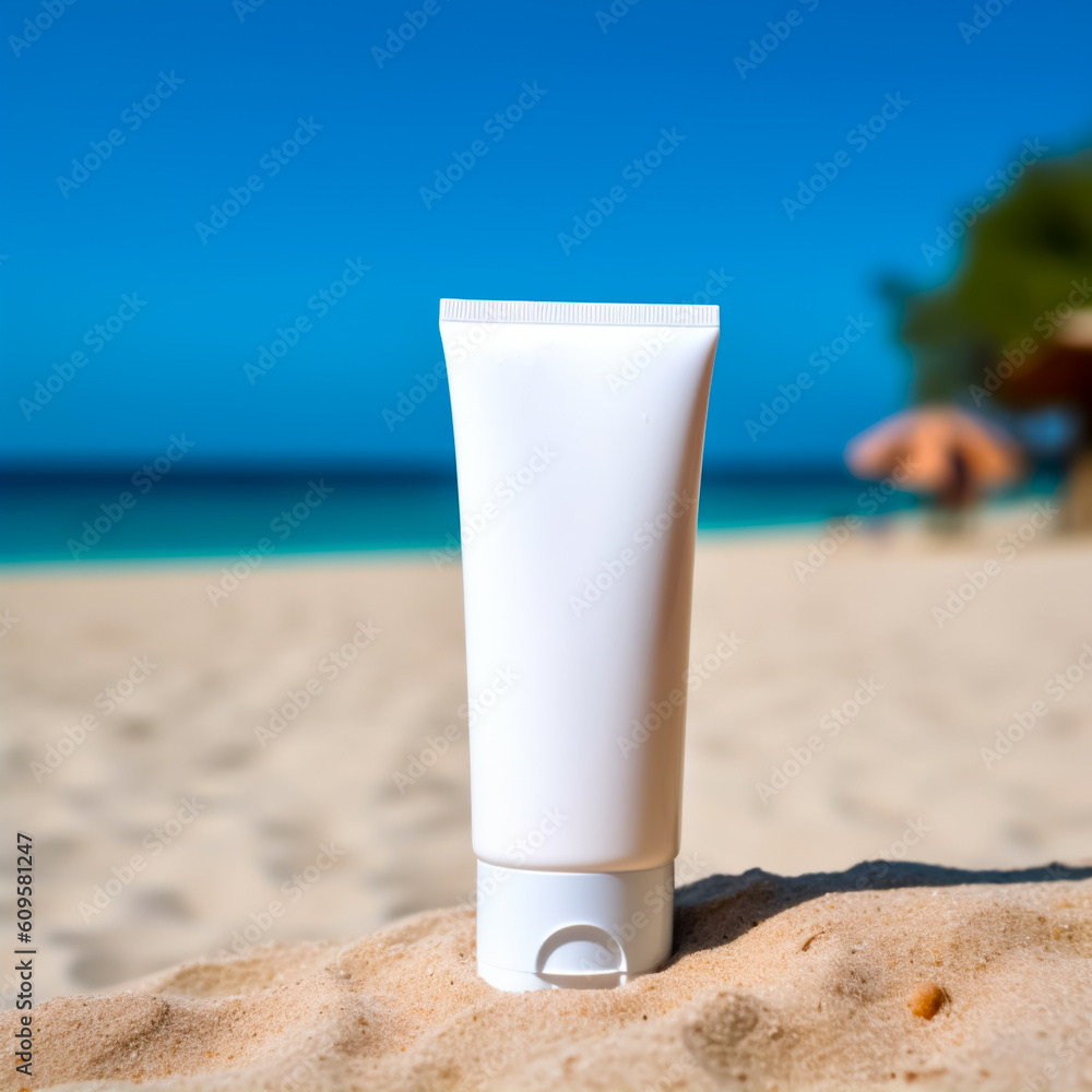 Blank white sunscreen bottle of tube, with no writing or logo, sat in the sand on a sunny tropical summer beach. Concept of sun and UV protection. Shallow field of view. Illustrative Generative AI. Blank white sunscreen bottle of tube, with no writing or logo, sat in the sand on a sunny tropical summer beach. Concept of sun and UV protection. Shallow field of view. Illustrative Generative AI.